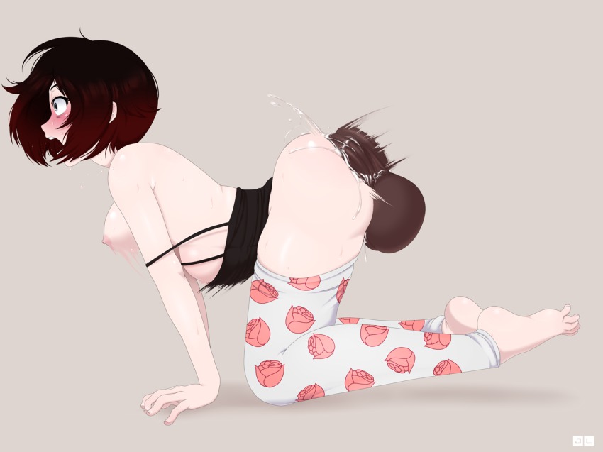 1girl all_fours anal anus ass anal_fluid barefoot blush breasts brown_hair clothed_sex dark-skinned_male dark_skin disembodied_penis doggystyle feet gradient_hair grey_eyes huge_penis jlullaby large_insertion medium_breasts multicolored_hair nipples open_mouth pale_skin pants penis precum pussy ruby_rose rwby sex sex_from_behind short_hair stomach_bulge sweat testicles toes uncensored veins veiny_penis