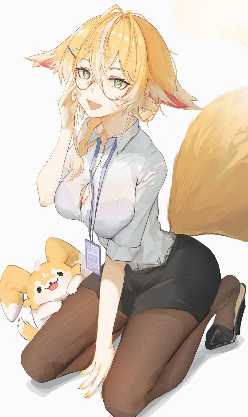 1girl :d absurdres animal animal_ears arm_up badge black_bra black_shoes black_skirt blonde_hair bra braid breasts brown_pantyhose cleavage collar collared_shirt commentary_request commission crossed_bangs fingernails fox_ears fox_girl fox_tail full_body glasses green_eyes hair_ornament high_heels highres hrk_(dxez4457) indie_virtual_youtuber konoobi_(vtuber) large_breasts long_hair looking_at_viewer miniskirt nail_polish open_mouth pantyhose see-through_clothes see-through_shirt seiza shirt shoes short_sleeves simple_background single_braid sitting skeb_commission skirt smile solo tail underwear white_background white_collar x_hair_ornament yellow_nails