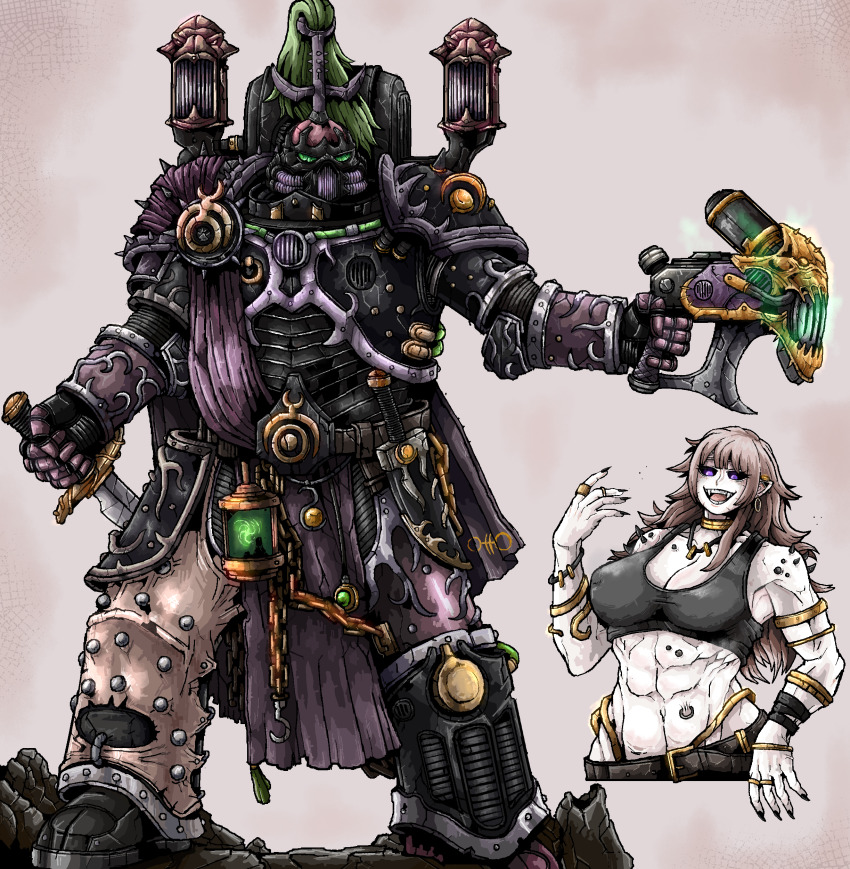 1girl abs absurdres adeptus_astartes armlet armor black_sclera black_tank_top chaos_space_marine colored_sclera cropped_torso full_armor genderswap genderswap_(mtf) gold_armlet gun helmet highres holding holding_gun holding_knife holding_weapon jewelry knife multiple_views muscular muscular_female octosoup pauldrons piercing pink_eyes plume power_armor shoulder_armor slaanesh_(cult) tank_top warhammer_40k weapon