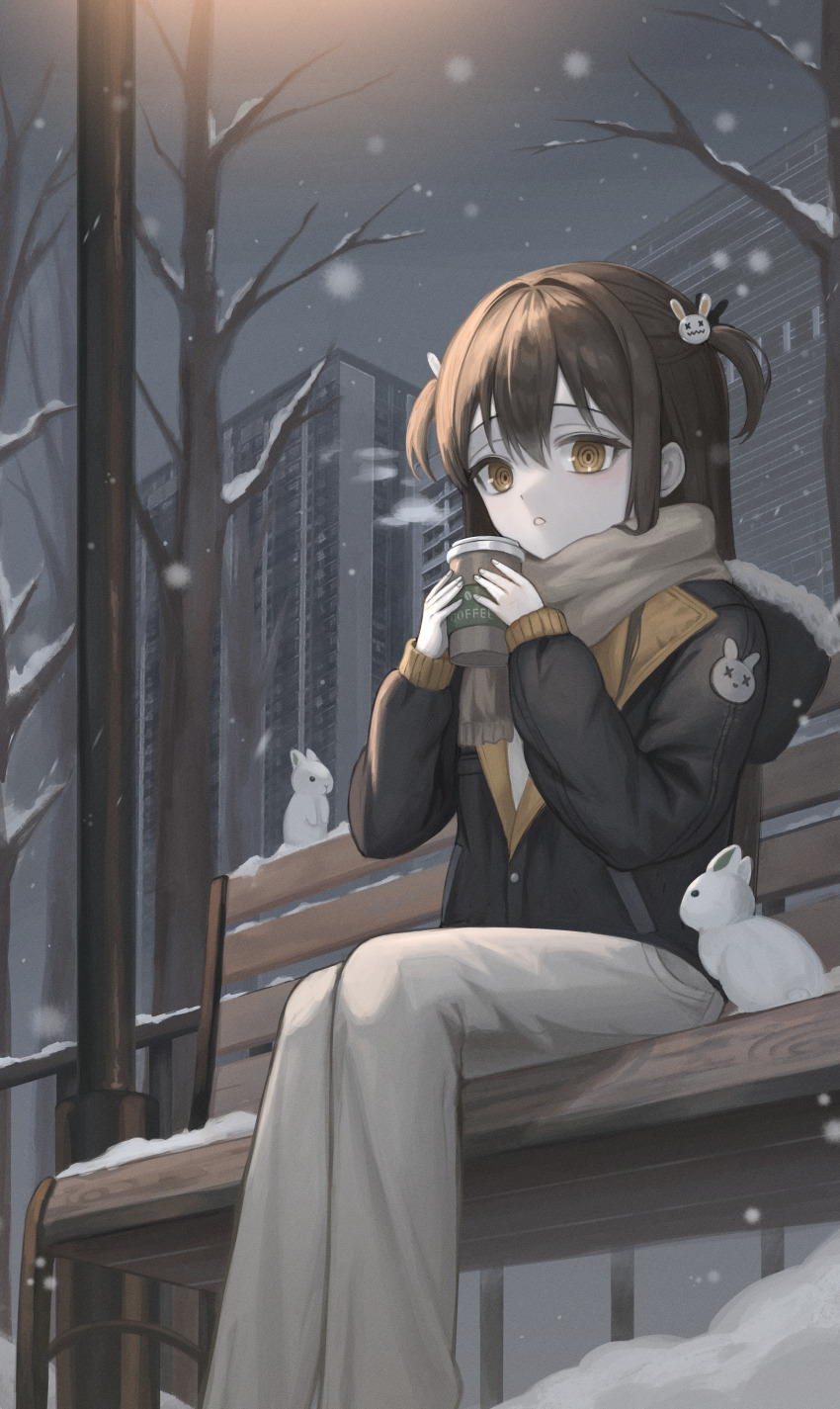 1girl absurdres bare_tree bench black_jacket brown_eyes brown_hair brown_scarf building cityscape cup disposable_coffee_cup disposable_cup feet_out_of_frame from_below fur-trimmed_hood fur_trim grey_pants hair_ornament highres holding holding_cup hood hood_down jacket kkamkkam lamppost long_hair long_sleeves looking_at_viewer on_bench original outdoors pants park_bench parted_lips rabbit_hair_ornament railing ringed_eyes scarf scenery sitting skyscraper snow snowing solo tree two_side_up white_rabbit_(animal) winter