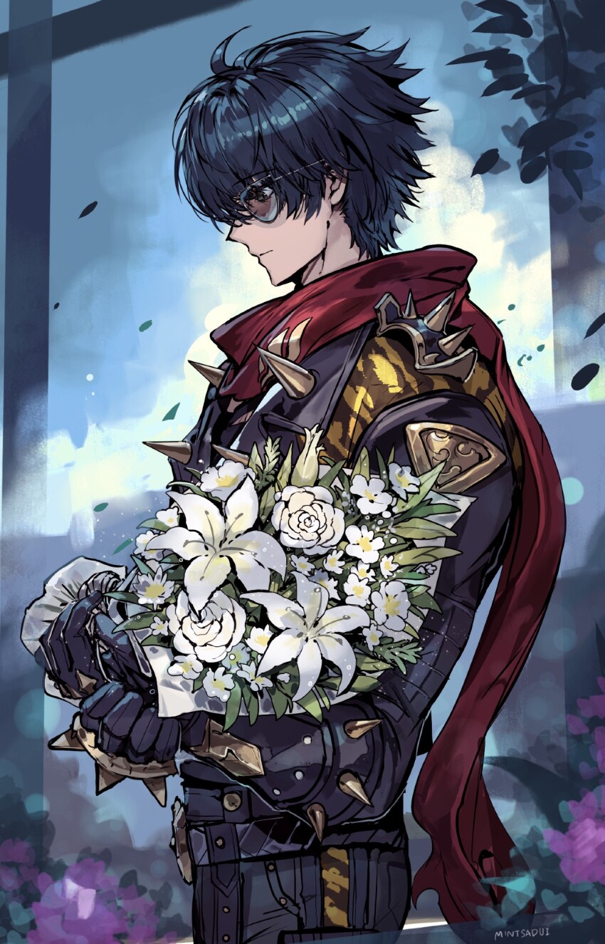 1boy artist_name black_gloves black_jacket bouquet closed_mouth commentary english_commentary flower gloves highres holding holding_bouquet jacket leather leather_jacket lighter_(zenless_zone_zero) male_focus profile red_scarf sa-dui scarf spiked_jacket spiked_knuckles sunglasses zenless_zone_zero