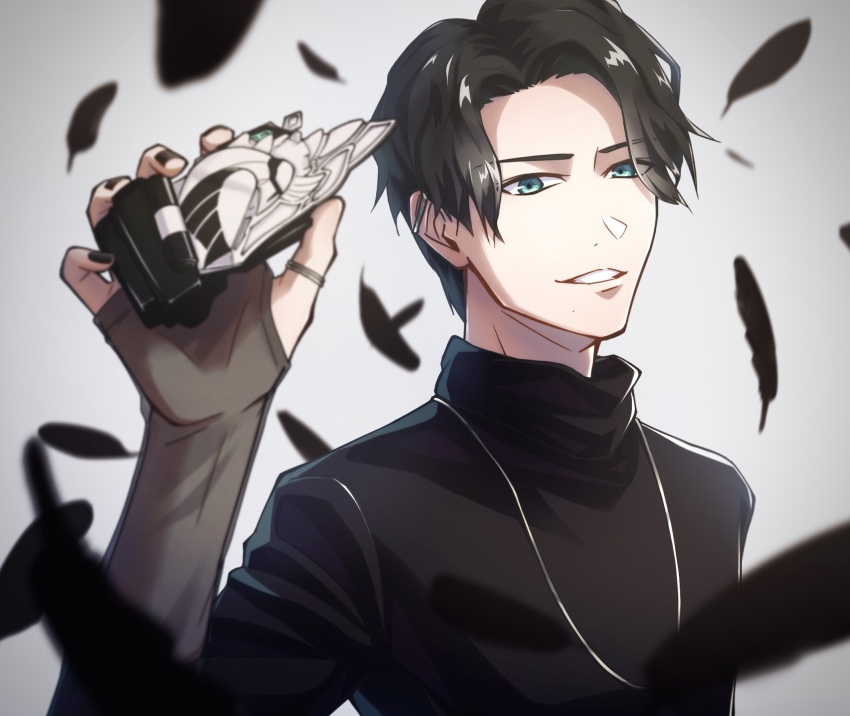 1boy aqua_eyes bishounen black_feathers black_hair black_nails crow_vistamp feathers goth_fashion grey_background highres holding jewelry kagerou_(kamen_rider_revice) kamen_rider kamen_rider_revice looking_at_viewer male_focus nail_polish necklace see-through_clothes see-through_sleeves short_hair smile thumb_ring tokusatsu upper_body vistamp zuna918_tkst