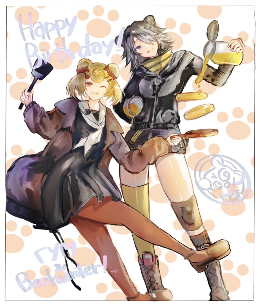 2girls ;p animal_ears arknights bear_ears beehunter_(arknights) black_dress black_hair black_jacket blonde_hair boots border brown_footwear brown_shirt candy_hair_ornament coat commentary_request dress english_text flipped_hair food food-themed_hair_ornament frying_pan full_body grey_eyes gummy_(arknights) hair_ornament hair_over_one_eye highres holding holding_frying_pan holding_jar holding_spatula honey jacket jar knee_pads looking_at_viewer multiple_girls neckerchief one_eye_closed pancake pantyhose paw_print red_coat red_eyes red_pantyhose sailor_collar shirt single_thighhigh spatula standing standing_on_one_leg striped_clothes striped_shirt thighhighs tongue tongue_out tukaima white_neckerchief white_sailor_collar yellow_shirt yellow_thighhighs