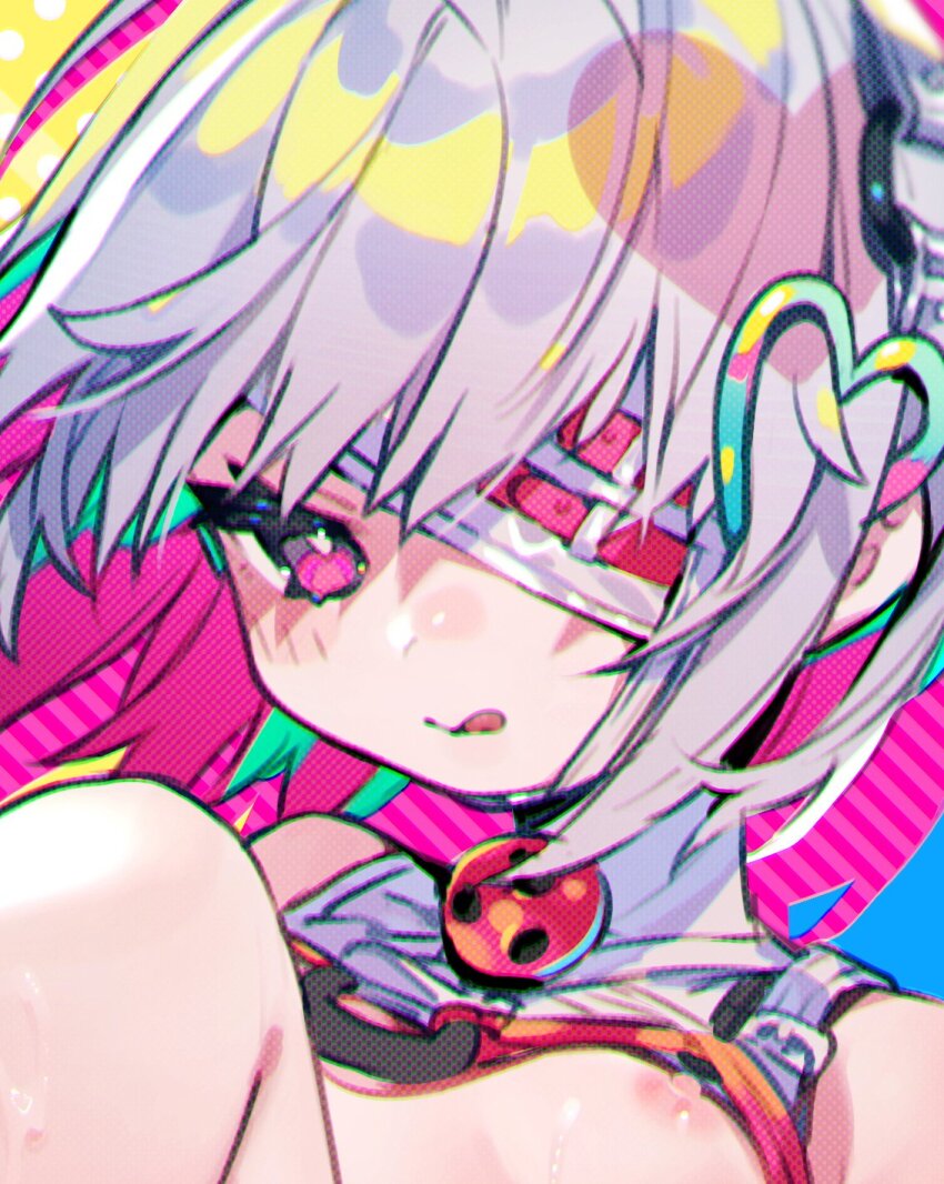1girl breasts bukurote close-up dohna_dohna_issho_ni_warui_koto_o_shiyou eyepatch grey_hair hair_ornament heart heart_hair_ornament highres licking_lips lock looking_at_viewer multicolored_hair nipples outline pink_eyes pink_hair porno_(dohna_dohna) revealing_clothes short_hair small_breasts smile solo tongue tongue_out