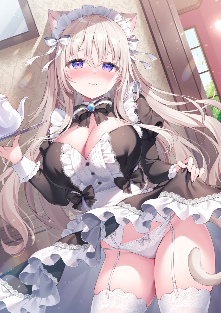 1girl animal_ears black_dress black_ribbon blush breasts brown_hair cat_ears cat_girl cat_tail cleavage dress frilled_dress frills garter_straps highres large_breasts long_hair maid_headdress neck_ribbon original panties purple_eyes ribbon shiono_(0303) solo tail thighhighs underwear white_headdress white_panties white_thighhighs