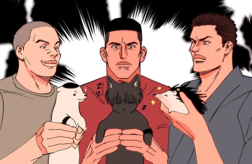 3boys 3others akagi_takenori animal animalization black_hair black_robe brown_hair buzz_cut dark-skinned_male dark_skin fox grey_shirt hedgehog highres holding holding_animal kawata_masashi lightning_background looking_at_another male_focus multiple_boys multiple_others red_shirt robe rukawa_kaede sawakita_eiji sendou_akira shirt short_hair slam_dunk_(series) sleeping smile undercut uozumi_jun upper_body very_short_hair weasel zzz