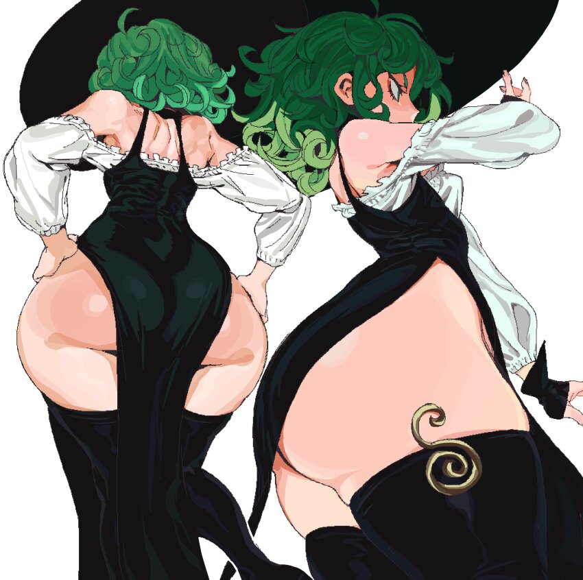 1girl absurdres ass ass_focus bare_shoulders black_dress black_thighhighs breasts curly_hair dress frills from_behind from_below green_eyes green_hair hands_on_own_hips hat highres huge_ass long_sleeves looking_at_viewer medium_hair multiple_views no_panties off_shoulder one-punch_man pelvic_curtain short_hair side_slit simple_background small_breasts tatsumaki thick_thighs thighhighs thighs white_background whoopsatro wide_hips witch_hat