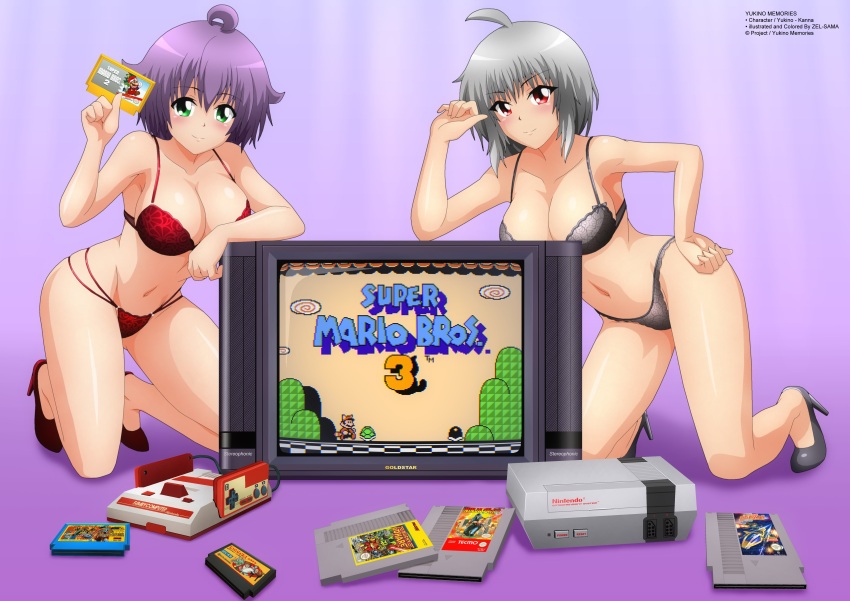 2girls ahoge blush bow bow_bra bra breasts bucky_o&#039;hare bucky_o&#039;hare_(character) cleavage collarbone controller famicom famicom_gamepad floral_print game_cartridge game_console game_controller green_eyes grey_bow grey_bra grey_hair grey_panties grey_shoes hand_on_own_hip high_heels holding holding_game_cartridge kanna_albeecht karateka_(game) kneeling koopa_shell large_breasts looking_at_viewer mario mario_(series) multiple_girls navel nes ninja_gaiden nintendo original over_horizon panties pegasus_seiya print_bra print_panties purple_background purple_hair raccoon_mario red_bra red_eyes red_panties red_shoes ryu_hayabusa saint_seiya shoes short_hair smile super_mario_bros._2 super_mario_bros._3 television underwear yukino_akaihi yukino_memories zel-sama