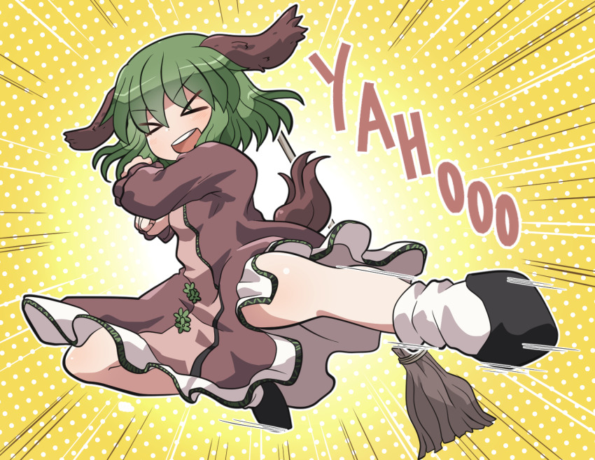 &gt;_&lt; 1girl animal_ears black_footwear broom brown_dress commentary_request dog_ears dog_girl dog_tail dress emphasis_lines flying_kick full_body green_hair kasodani_kyouko kicking legs looking_at_viewer open_mouth rider_kick rokugou_daisuke short_hair simple_background socks solo tail teeth touhou upper_teeth_only white_socks yahoo yellow_background