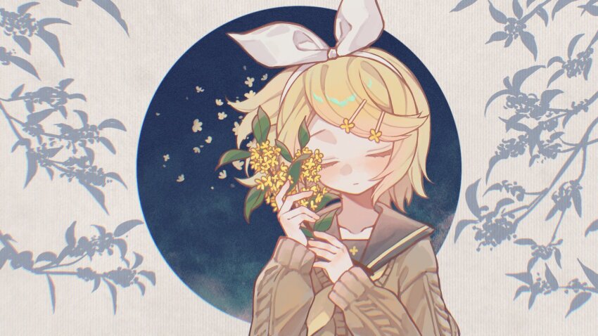 1girl blonde_hair blush bow bow_hairband branch brown_sweater closed_eyes closed_mouth collarbone eob eyelashes floating_hair flower hair_ornament hairband hairclip highres holding holding_branch kagamine_rin long_sleeves medium_hair neckerchief sailor_collar solo sweater upper_body vocaloid white_bow white_hairband wind yellow_flower
