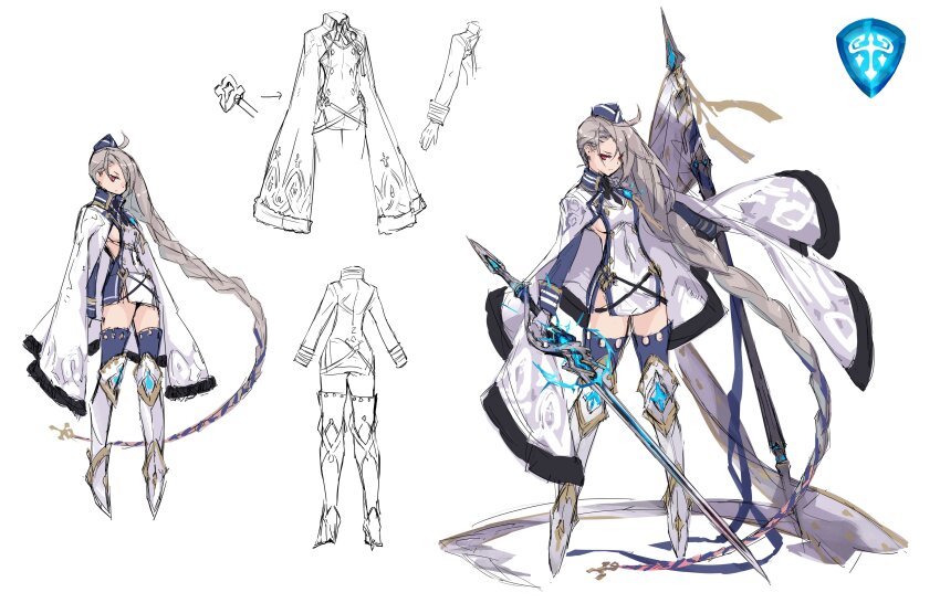 1girl absurdly_long_hair absurdres ahoge ancient_killers_(phantom_of_the_kill) blue_fire blue_socks boots braid breasts reference_sheet cloak closed_mouth commentary_request covered_navel da-kuro fire flag from_behind full_body glowing glowing_sword glowing_weapon grey_hair hat highres holding holding_flag holding_sword holding_weapon long_braid long_hair long_sleeves looking_at_viewer medium_breasts neck_ribbon official_art phantom_of_the_kill ragnarok_(phantom_of_the_kill) red_ribbon ribbon second-party_source sideboob simple_background socks standing straight-on sword thigh_boots thighhighs thighs very_long_hair weapon white_background white_cloak white_footwear