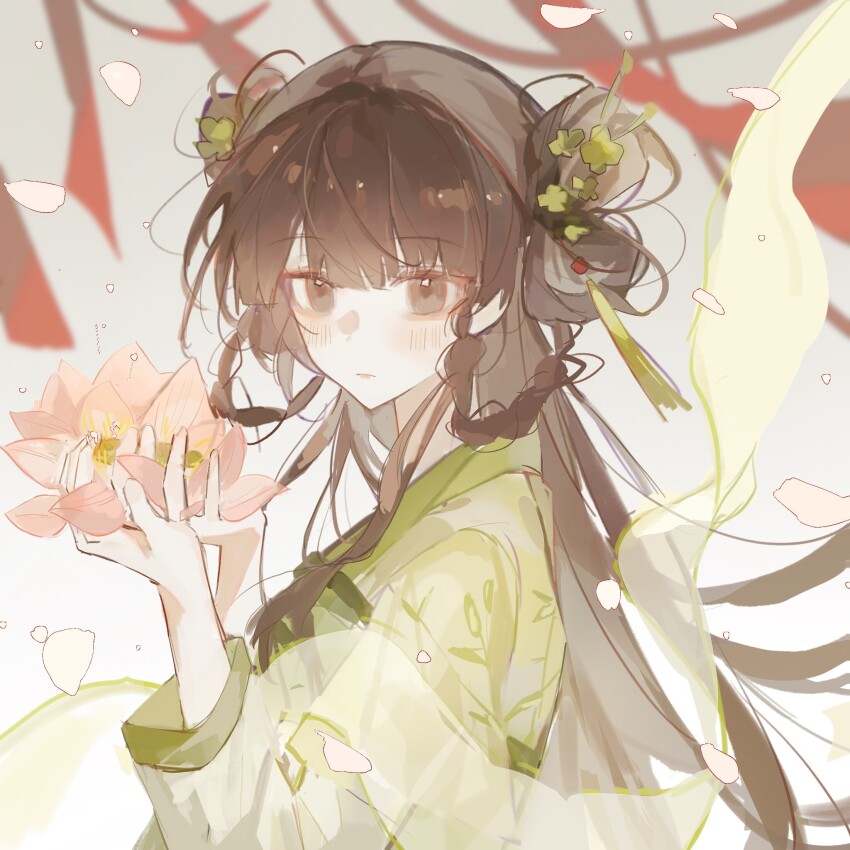 1girl blunt_bangs bow-shaped_hair braid braided_hair_rings brown_eyes brown_hair chinese_clothes chinese_commentary closed_mouth commentary_request conghua_xiaojuan double_bun expressionless floral_print flower gradient_background green_flower green_hanfu green_willow_(miracle_nikki) grey_background hagoromo hair_bun hair_flower hair_ornament hair_rings hairpin hanfu highres holding holding_flower light_blush long_hair long_sleeves lotus miracle_nikki nikki_(series) petals pink_flower qixiong_ruqun red_ribbon ribbon shawl solo tassel tassel_hair_ornament upper_body very_long_hair willow