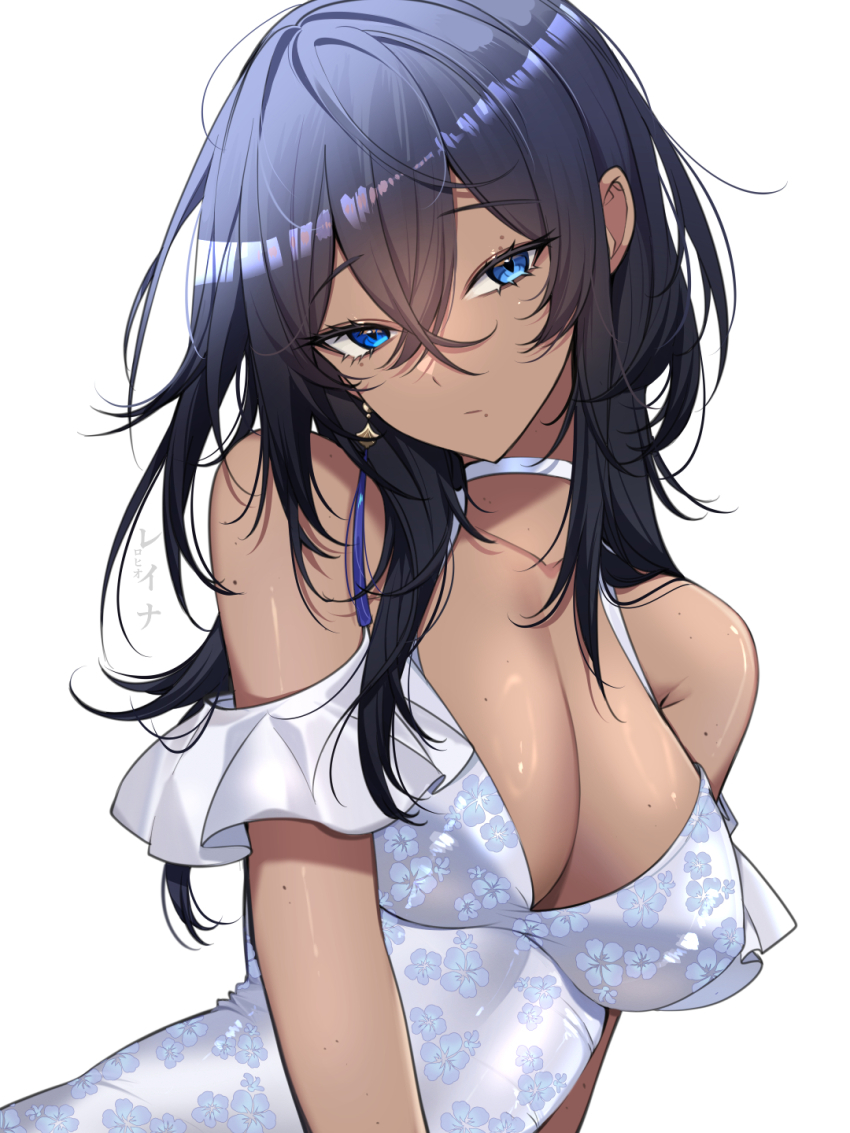 1girl artist_name black_hair blue_eyes breasts choker cleavage closed_mouth crossed_bangs dark-skinned_female dark_skin double-parted_bangs dress earrings expressionless floral_print_dress grey_choker grey_dress hair_between_eyes head_tilt highres jewelry large_breasts long_hair looking_at_viewer mole mole_on_arm mole_on_breast mole_on_neck mole_under_eye mole_under_mouth multiple_moles off-shoulder_dress off_shoulder original rohioart simple_background solo upper_body white_background