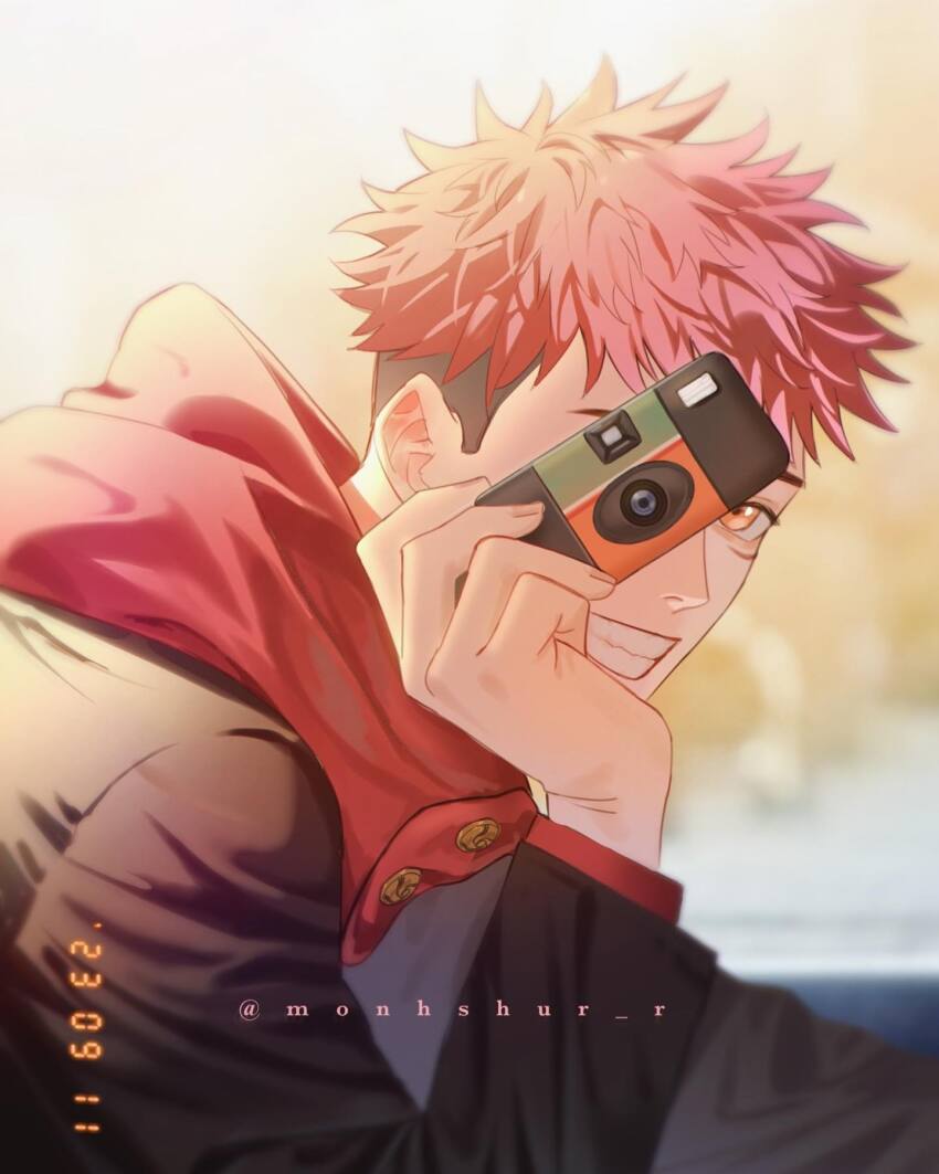 1boy black_hair blurry blurry_background camera commentary covering_face dated depth_of_field disposable_camera facial_mark from_side grin highres holding holding_camera instagram_username itadori_yuuji jujutsu_kaisen jujutsu_tech_uniform looking_at_viewer male_focus monhshur_r multicolored_hair orange_eyes pink_hair school_uniform smile solo two-tone_hair undercut