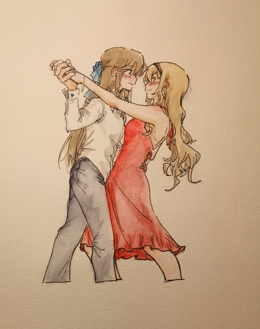 2girls absurdres black_headband black_pants blonde_hair blue_ribbon blush bracelet brown_hair couple dancing dress drunk full-face_blush hair_ribbon hand_on_another&#039;s_waist headband highres holding_hands jewelry light_smile long_sleeves looking_at_another multiple_girls pants red_dress ribbon saijou_claudine shirt shoujo_kageki_revue_starlight shoujo_kageki_revue_starlight_-re_live- tendou_maya tipsy white_shirt