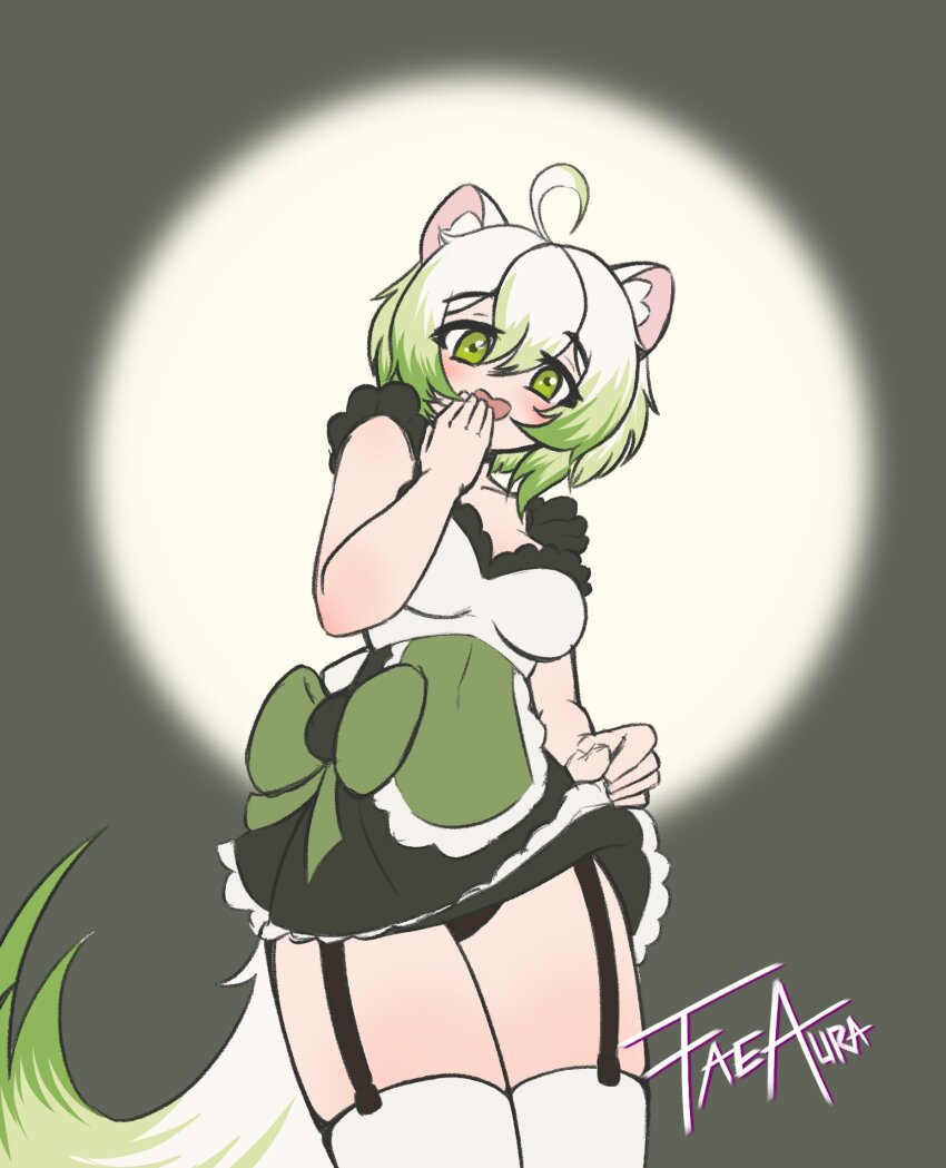 ahoge alternate_costume animal_ears apron artist_name clothes_lift covering_own_mouth dress faeaura ferret ferret_ears ferret_girl ferret_tail frills garter_straps gradient_hair green_dress green_eyes green_hair green_tail hand_over_own_mouth highres indie_virtual_youtuber laimu_(vtuber) looking_at_viewer looking_down maid maid_apron miniskirt multicolored_hair multicolored_tail panties signature simple_background skindentation skirt skirt_lift smug tail thighhighs thighs two-tone_hair underwear vinesauce virtual_youtuber white_hair white_tail zettai_ryouiki