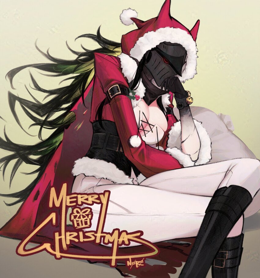 arm_strap armor bell belt black_armor black_belt black_footwear black_hair bracelet breasts cape cleavage dress fake_horns fur_trim gauntlets green_hair helmet highres horned_helmet horns jewelry jingle_bell knight long_hair long_sleeves merry_christmas mistletoe n0r0 original red_cape sack santa_costume santa_dress santa_hood simple_background torn_cape torn_clothes