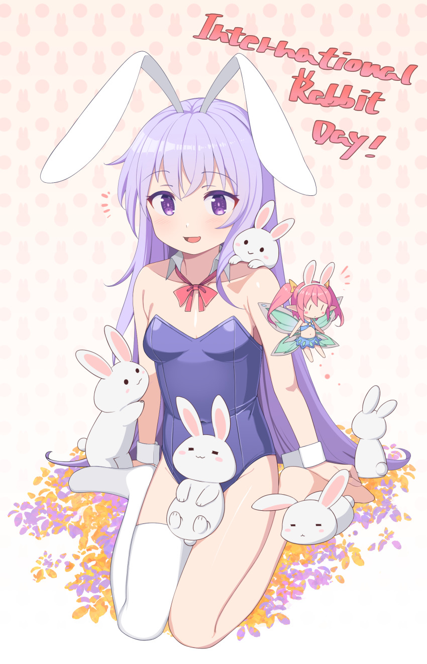 2girls absurdres animal_ears artist_request bare_shoulders blue_skirt blush_stickers bow bowtie breasts commentary detached_collar english_commentary english_text erina_(rabi-ribi) fairy fairy_wings full_body hair_ribbon highres invisible_floor leotard long_hair looking_at_viewer mini_person minigirl multiple_girls notice_lines o-ring o-ring_top off-shoulder_leotard open_mouth pink_hair playboy_bunny pointy_ears polka_dot polka_dot_background purple_eyes purple_hair purple_leotard rabbit rabbit_ears rabbit_girl rabi-ribi red_bow red_bowtie ribbon ribbon_(rabi-ribi) single_thighhigh sitting skirt small_breasts smile thighhighs twintails wariza white_wrist_cuffs wings wrist_cuffs yellow_ribbon |_|