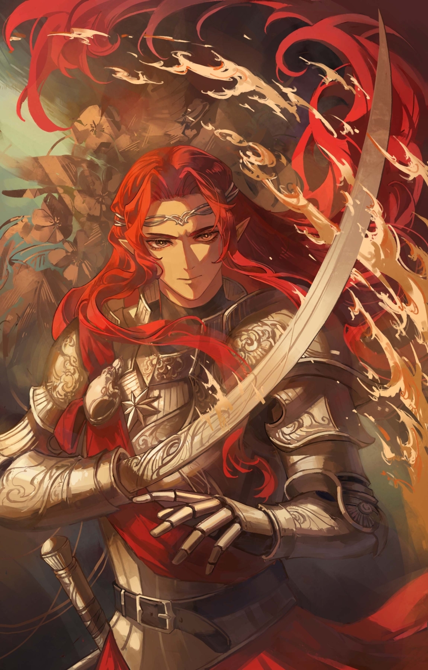 1boy absurdres amputee arm_blade armor belt black_shirt circlet cowboy_shot curtained_hair elf fire floating_hair flower gloves grey_eyes highres long_hair looking_at_viewer maedhros male_focus pointy_ears red_hair red_sash sash shirt solo standing the_silmarillion tolkien&#039;s_legendarium very_long_hair weapon weimingweiran