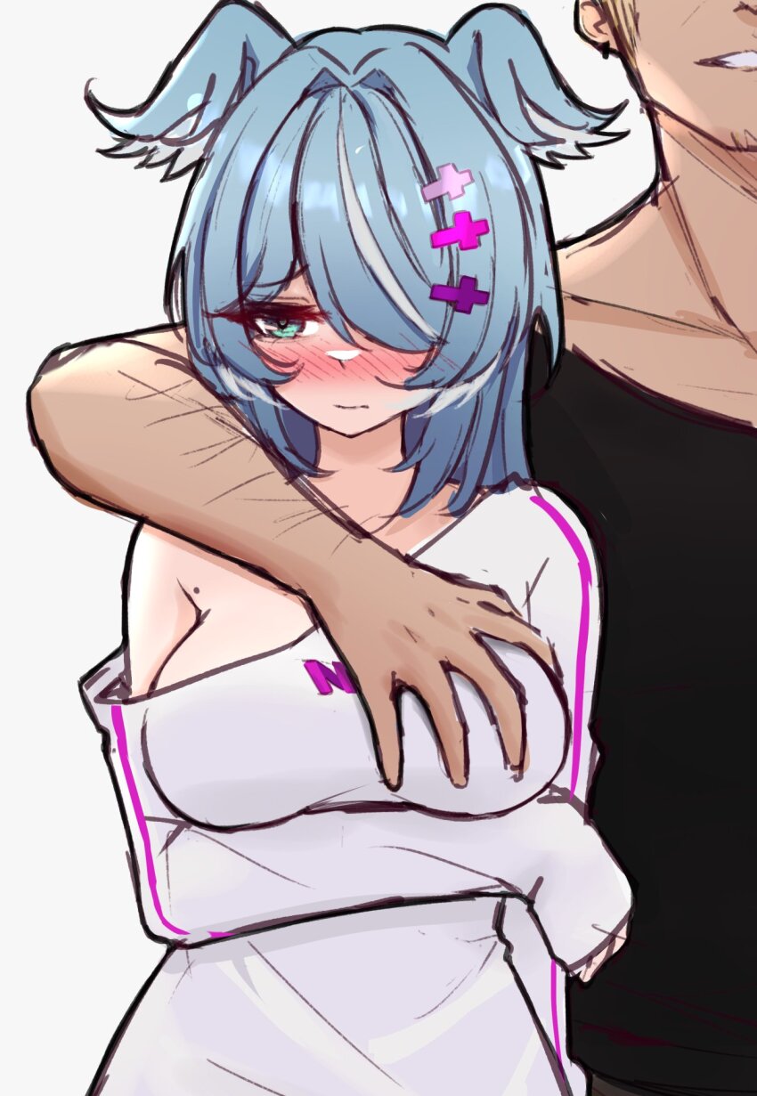 1boy 1girl aqua_eyes arm_around_neck arm_under_breasts blue_hair blush breasts closed_mouth elira_pendora elira_pendora_(1st_costume) grabbed_breast_over_shoulder grabbing_another&#039;s_breast groping hair_intakes hair_ornament hair_over_one_eye hairclip head_wings highres large_breasts long_hair long_sleeves looking_away looking_to_the_side m_r_b mole nijisanji nijisanji_en oversized_clothes simple_background single_bare_shoulder sketch sweater thick_eyelashes virtual_youtuber wings