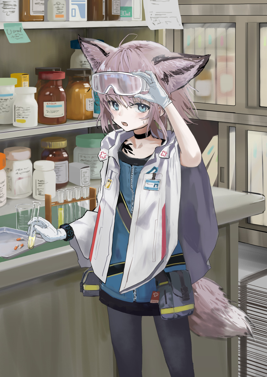 1girl absurdres animal_ears arknights black_choker black_pantyhose blue_eyes blue_vest choker fox_ears fox_girl fox_tail gloves highres infection_monitor_(arknights) material_growth mikeneko90 open_mouth oripathy_lesion_(arknights) pantyhose purple_hair short_hair solo sussurro_(arknights) tail vest white_gloves