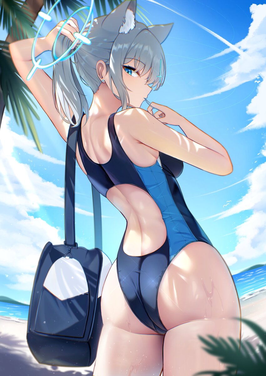 1girl absurdres animal_ear_fluff animal_ears bare_shoulders black_one-piece_swimsuit blue_archive blue_eyes blue_one-piece_swimsuit blue_sky blush breasts commentary cross_hair_ornament extra_ears grey_hair hair_ornament halo highres li_se medium_breasts medium_hair multicolored_swimsuit ocean official_alternate_costume one-piece_swimsuit outdoors ponytail shiroko_(blue_archive) shiroko_(swimsuit)_(blue_archive) short_ponytail sidelocks sky solo swimsuit tree wolf_ears