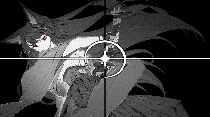 1girl animal_ear_fluff animal_ears asymmetrical_gloves black_background blunt_bangs closed_mouth cowboy_shot cyta_celest fingerless_gloves fingernails fox_ears fox_girl gloves greyscale highres holding holding_sword holding_weapon hoshimi_miyabi long_hair looking_at_viewer mismatched_gloves monochrome pantyhose red_eyes serious sidelocks simple_background skirt solo spot_color sword weapon zenless_zone_zero