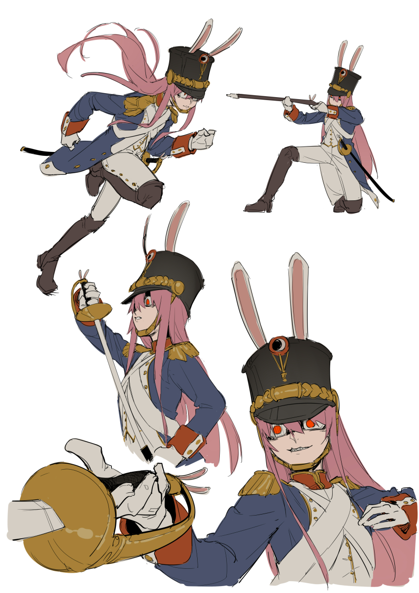 1girl absurdres aiming animal_ears antique_firearm arm_up black_boots blue_coat boots clenched_teeth coat collared_shirt ears_through_headwear epaulettes firearm firelock flintlock frills grey_hair gun hair_between_eyes hands_up hat highres holding holding_gun holding_sword holding_weapon kneeling long_hair long_sleeves multiple_views pants rabbit_ears rabbit_girl red_eyes rifle running saber_(weapon) sash scabbard scope shaded_face shako_cap sheath sheathing shirt simple_background sword sword_guard_stance teeth touhou very_long_hair weapon white_background white_hair white_pants white_shirt yazato_ichimushi
