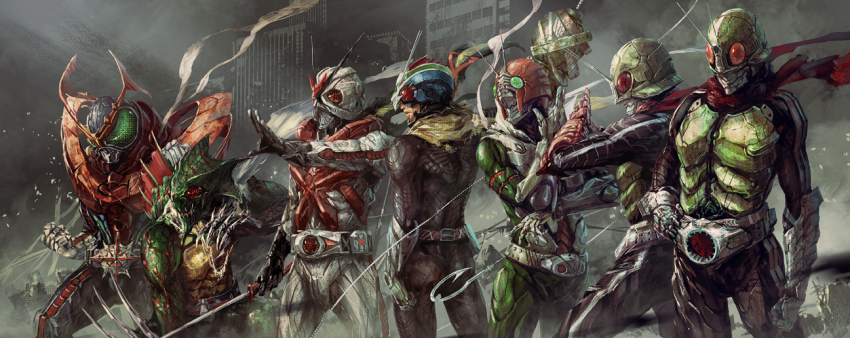 6+boys antennae armlet belt boots building compound_eyes fangs gloves horns jewelry kamen_rider kamen_rider_1 kamen_rider_2 kamen_rider_amazon kamen_rider_amazon_(series) kamen_rider_stronger kamen_rider_stronger_(series) kamen_rider_the_first kamen_rider_the_next kamen_rider_v3 kamen_rider_v3_(series) kamen_rider_x kamen_rider_x_(series) male_focus multiple_boys nurikabe_(mictlan-tecuhtli) riderman scarf single_horn weapon whip