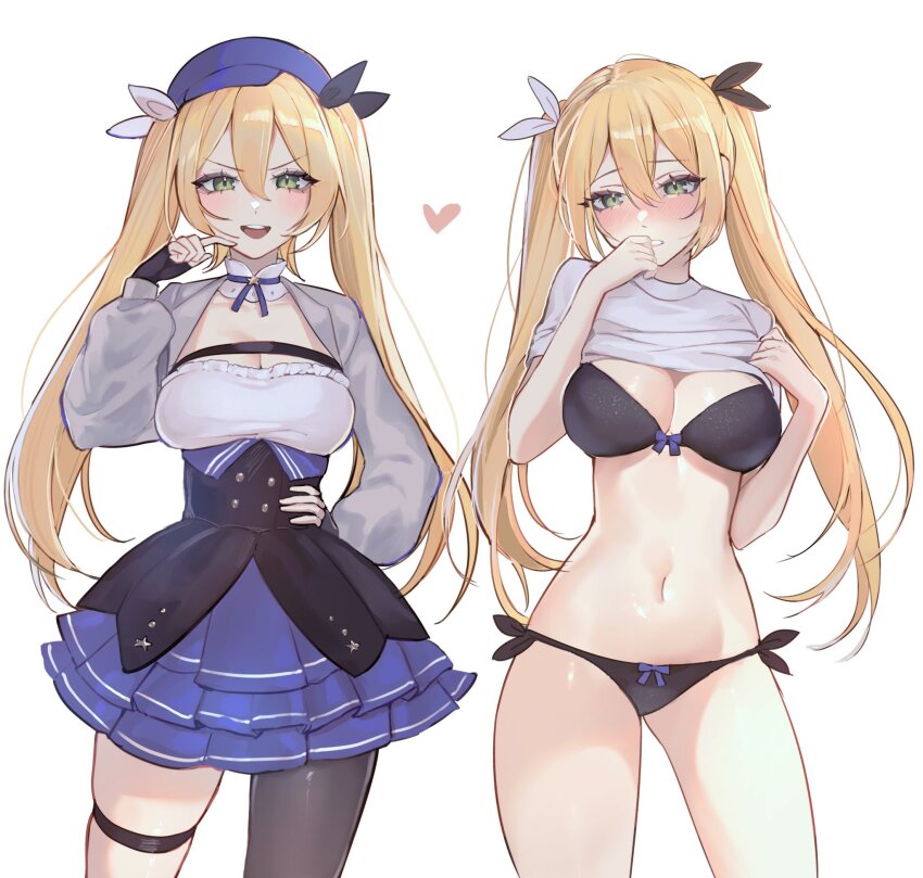 1girl black_bra black_panties blonde_hair blue_hat blush bra choker dokibird_(vtuber) dokibird_(vtuber)_(retro_doki) dress embarrassed evangellium fingerless_gloves gloves green_eyes grey_jacket hair_between_eyes hat highres indie_virtual_youtuber jacket layered_dress long_hair looking_at_viewer multiple_views open_mouth panties simple_background smile twintails underwear virtual_youtuber white_background