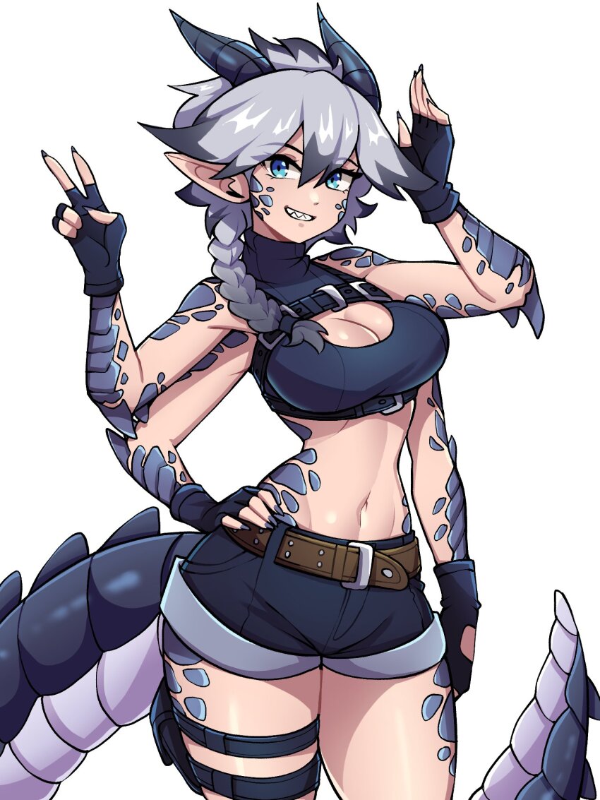 1girl belt belt_buckle black_belt black_gloves black_shorts blue_eyes breasts brown_belt buckle chest_belt cleavage cleavage_cutout clothing_cutout commentary commission cowboy_shot crop_top double-parted_bangs dragon_girl dragon_horns dragon_tail english_commentary extra_arms fingerless_gloves fingernails gloves grey_hair hair_between_eyes hands_up highres horns large_breasts looking_at_viewer multiple_belts navel oninuer original pointy_ears pouch scales sharp_teeth short_shorts shorts simple_background smile solo stomach tail teeth thigh_pouch white_background