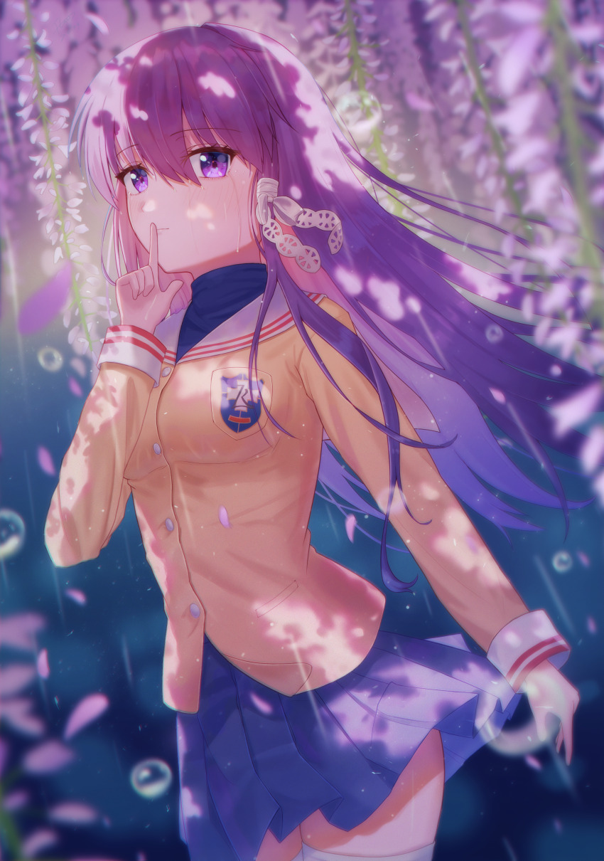 1girl absurdres arm_at_side blue_skirt blurry blush buttons clannad closed_mouth commentary cowboy_shot crying crying_with_eyes_open dappled_sunlight day depth_of_field eyelashes eyes_visible_through_hair finger_to_mouth floating_hair flower flowingcrescent fujibayashi_kyou hair_between_eyes hair_ribbon hand_up highres hikarizaka_private_high_school_uniform index_finger_raised jacket light_smile long_hair long_sleeves looking_at_viewer miniskirt outdoors pleated_skirt purple_eyes purple_flower purple_hair rain ribbon sailor_collar school_uniform serafuku shushing skirt solo streaming_tears sunlight tears thighhighs tress_ribbon turtleneck very_long_hair white_ribbon white_sailor_collar white_thighhighs wind wisteria yellow_jacket zettai_ryouiki