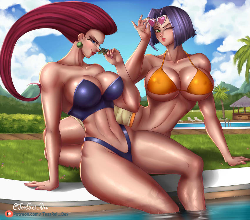 2girls absurdres bare_shoulders bikini breasts chair cleavage_cutout clothing_cutout curvy female_focus forest genderswap genderswap_(mtf) glasses highres hut james_(pokemon) jessie_(pokemon) lipstick looking_at_viewer makeup midriff mountain multiple_girls nature navel nintendo pale_skin pokemon pokemon_(anime) pokemon_(classic_anime) pokemon_ep018 pool poolside sideboob sitting sunglasses swimsuit teasing tessrei_dex thick_thighs thighs underboob