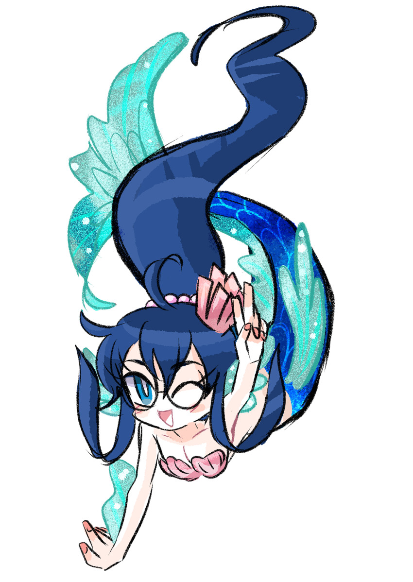 1girl ;d absurdres ahoge arm_up blue_eyes blue_hair blush breasts bright_pupils commentary_request commission fuuko_(kazeoceantide) glasses highres long_eyelashes long_hair mermaid monster_girl nail_polish one_eye_closed open_mouth original pink_nails pixiv_commission ponytail rakugaki_shitagari-ya shell shell_bikini sidelocks smile solo transparent_background v very_long_hair white_pupils