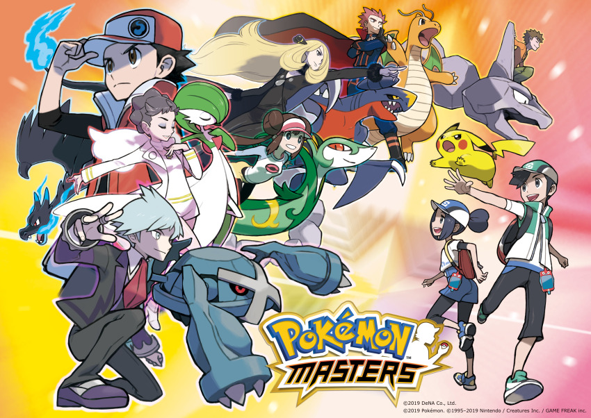 4girls 5boys ascot baseball_cap bettie_(pokemon) black_hair black_pants blonde_hair blue_eyes blue_hair brock_(pokemon) brown_eyes brown_hair cape charizard closed_eyes commentary_request crossed_arms cynthia_(pokemon) diantha_(pokemon) double_bun dragonite flame-tipped_tail game_freak garchomp gardevoir gen_1_pokemon gen_3_pokemon gen_4_pokemon gen_5_pokemon hair_bun hair_over_one_eye hand_on_headwear hat highres jacket key_visual lance_(pokemon) leggings long_hair mega_charizard_x mega_pokemon metagross multiple_boys multiple_girls nintendo official_art onix outstretched_hand pants pantyhose pikachu pokemon pokemon_(creature) pokemon_bw2 pokemon_dppt pokemon_hgss pokemon_masters_ex pokemon_oras pokemon_xy porygon poryphone promotional_art red_(pokemon) red_(sygna_suit)_(pokemon) red_ascot red_hair red_jacket riding riding_pokemon rosa_(pokemon) rotom rotom_dex scottie_(pokemon) second-party_source serperior shirt steven_stone sugimori_ken twintails white_shirt