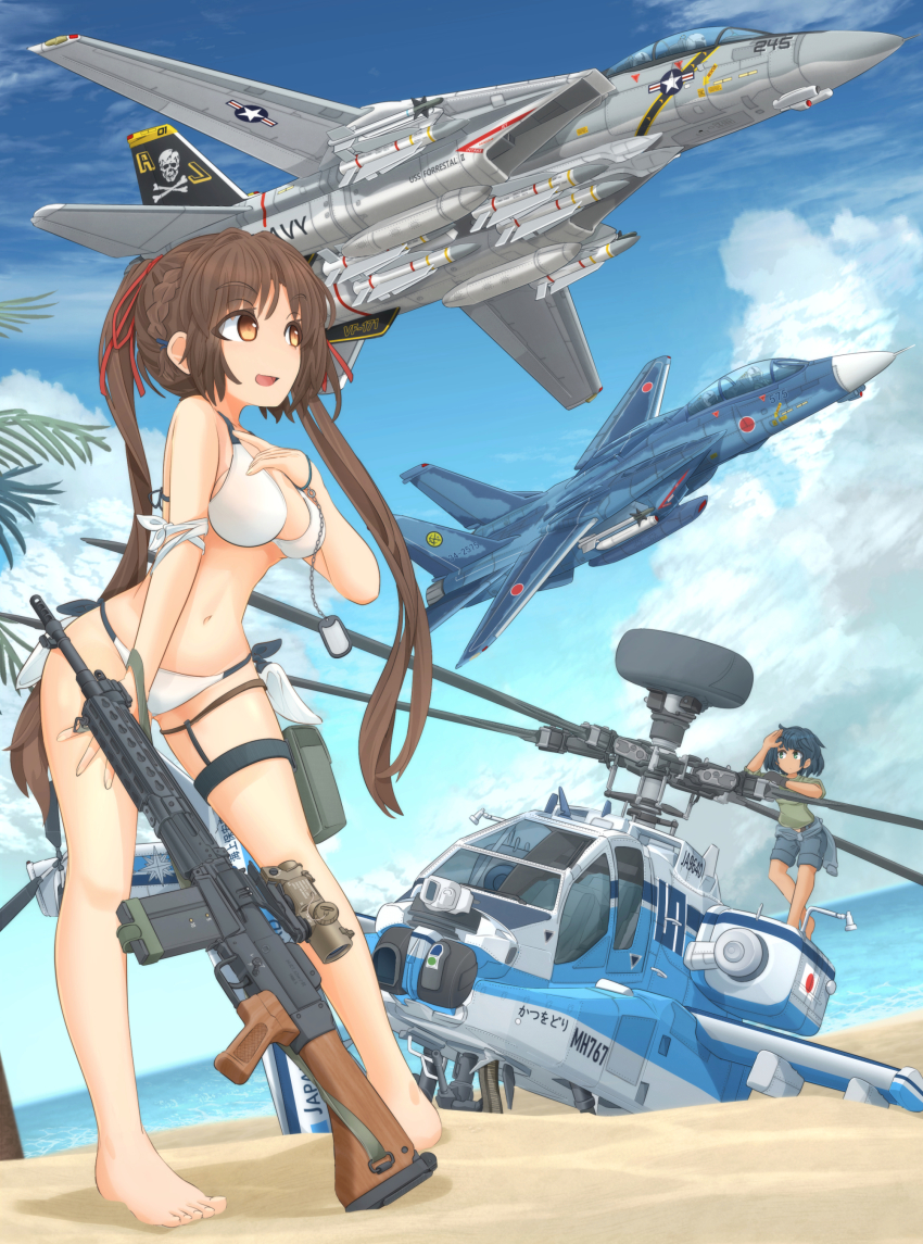 2girls 30x113mm absurdres ah-64_apache aim-54_phoenix aim-9_sidewinder air-to-air_missile air-to-surface_missile aircraft airplane ammunition ammunition_chute anti-materiel_cartridge armband assault_rifle attack_helicopter autocannon barefoot battle_rifle beach beyond-visual-range_missile bikini black_gloves blue_hair blue_sky bracelet braid breasts brown_eyes brown_hair cannon cannon_cartridge chain_gun closed_mouth clothes_around_waist commentary_request day dog_tail drop_tank dutch_angle elbow_rest f-14_tomcat fighter_jet flying food gloves green_eyes green_shirt grey_shorts gun gunship hair_ribbon hand_on_own_chest hand_on_own_thigh helicopter helicopter_gunship highres howa_type_64 jewelry leaning_forward legs long_hair long_sleeves looking_at_another m230_chain_gun magnum_cartridge medium_breasts mikeran_(mikelan) military military_cartridge military_vehicle multiple_girls multiple_others navel ocean open_mouth original outdoors palm_tree partial_commentary pilot popsicle pouch red_ribbon ribbon rifle roundel scope shirt short_hair shorts side-tie_bikini_bottom single_glove skull_and_crossbones sky sleeves_rolled_up smile standing swimsuit tail thigh_strap tree twintails united_states_navy vehicle_focus waving weapon white_bikini