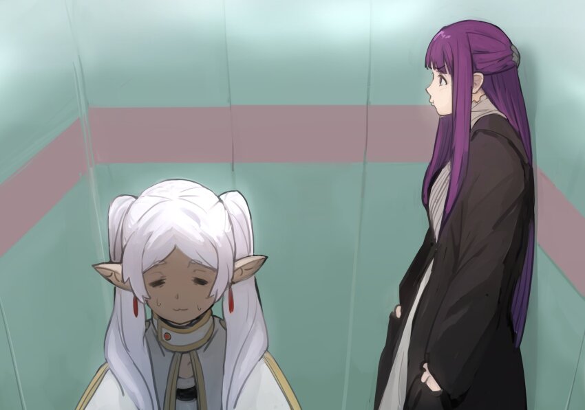 2girls :3 =_= black_coat blunt_bangs capelet coat contemporary dress earrings fern_(sousou_no_frieren) from_side gold_trim hair_over_shoulder higemu highres indoors long_hair long_pointy_ears multiple_girls neon_genesis_evangelion open_clothes open_coat parted_bangs pendant_earring pointy_ears pout profile puckered_lips purple_eyes purple_hair scene_reference sousou_no_frieren standing teardrop_earrings twintails v-shaped_eyebrows white_dress white_hair