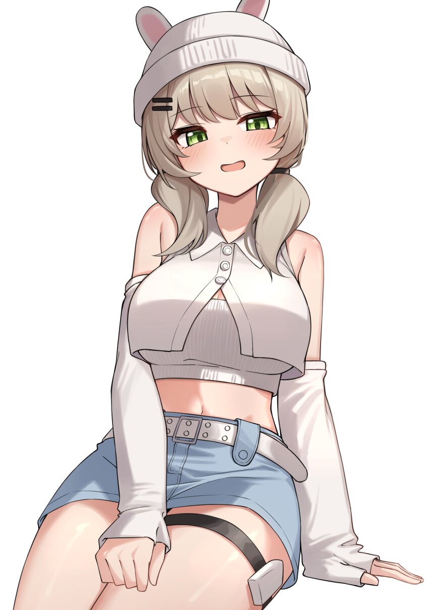 1girl absurdres animal_ears bare_shoulders beanie belt blonde_hair blue_skirt breasts cleavage collared_shirt crop_top crop_top_overhang detached_sleeves fake_animal_ears green_eyes hair_ornament hairclip hat highres large_breasts long_hair long_sleeves looking_at_viewer low_twintails midriff miniskirt navel open_mouth rabbit_ears ribbed_shirt shirt simple_background sitting skirt sleeveless sleeveless_shirt smile solo stomach thigh_strap thighs twintails undershirt viichan virtual_youtuber waktaverse white_background white_hat white_shirt ziro_(zirorong)