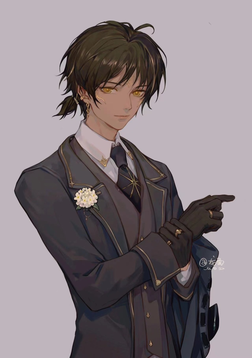 1boy arknights black_coat black_gloves black_hair black_necktie brown_eyes closed_mouth coat collared_shirt ear_piercing formal_clothes gloves grey_background hand_on_own_arm highres jewelry long_sleeves longmianbushilongxumian looking_at_viewer male_focus multiple_rings necktie open_clothes open_coat piercing ponytail ring shirt short_hair short_ponytail signature simple_background smile solo suit thorns_(arknights) upper_body white_shirt