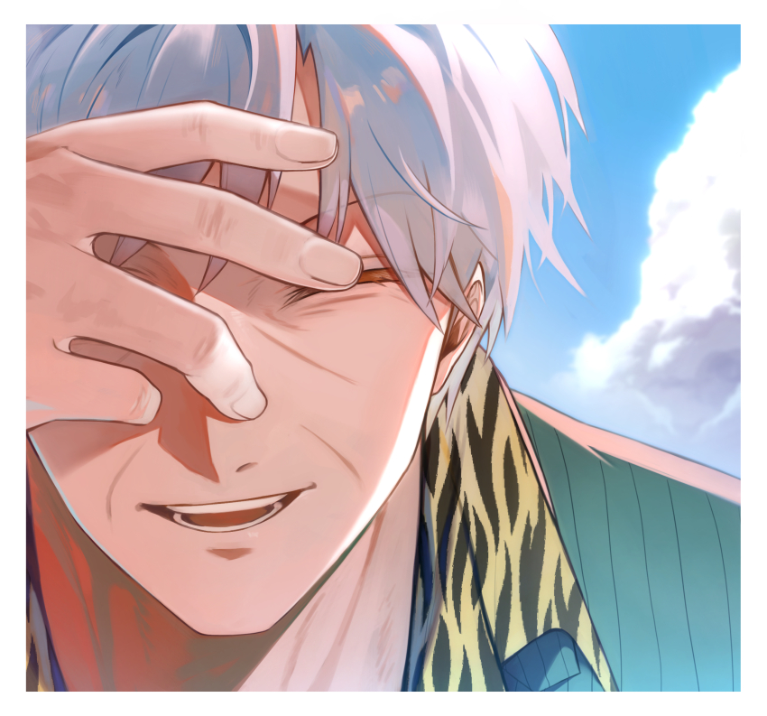 1boy akagi_shigeru animal_print blue_sky border closed_eyes cloud commentary_request day fukumoto_mahjong highres male_focus niwatori_panda old old_man open_mouth outdoors print_shirt shirt short_hair sky smile solo ten_(manga) tiger_print upper_body white_border white_hair