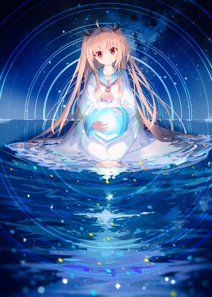 1girl absurdres ahoge ascot atri atri-my_dear_moments- black_ribbon blue_sailor_collar blush closed_mouth collarbone commentary_request dress hair_between_eyes hair_ribbon head_tilt highres light_brown_hair long_hair long_sleeves looking_at_viewer night night_sky outdoors pokemongundam red_ascot red_eyes ribbon sailor_collar sailor_dress sitting sky smile soaking_feet solo star_trail straight-on two_side_up very_long_hair water white_dress wide_shot wide_sleeves
