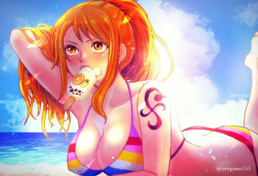 1girl arm_up ass beach bikini blue_sky blush breasts butt_crack cleavage cloud cloudy_sky collarbone commentary_request feet_out_of_frame food_in_mouth halterneck hand_in_own_hair high_ponytail highres horizon large_breasts long_hair lying multicolored_bikini nami_(one_piece) ocean official_alternate_costume on_stomach one_piece one_piece_film:_z orange_eyes orange_hair oregano551 outdoors ponytail shoulder_tattoo sidelocks sky solo swimsuit tattoo twitter_username