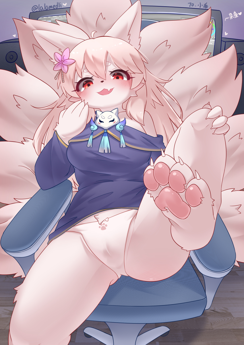 1girl 2025 absurdres artist_name blue_shirt blush breasts cameltoe fang flower fox furry furry_female highres lalamedli looking_at_viewer medium_breasts multiple_tails no_pants panties pawpads pink_flower pink_fur red_eyes shirt shy skin_fang solo tail underwear
