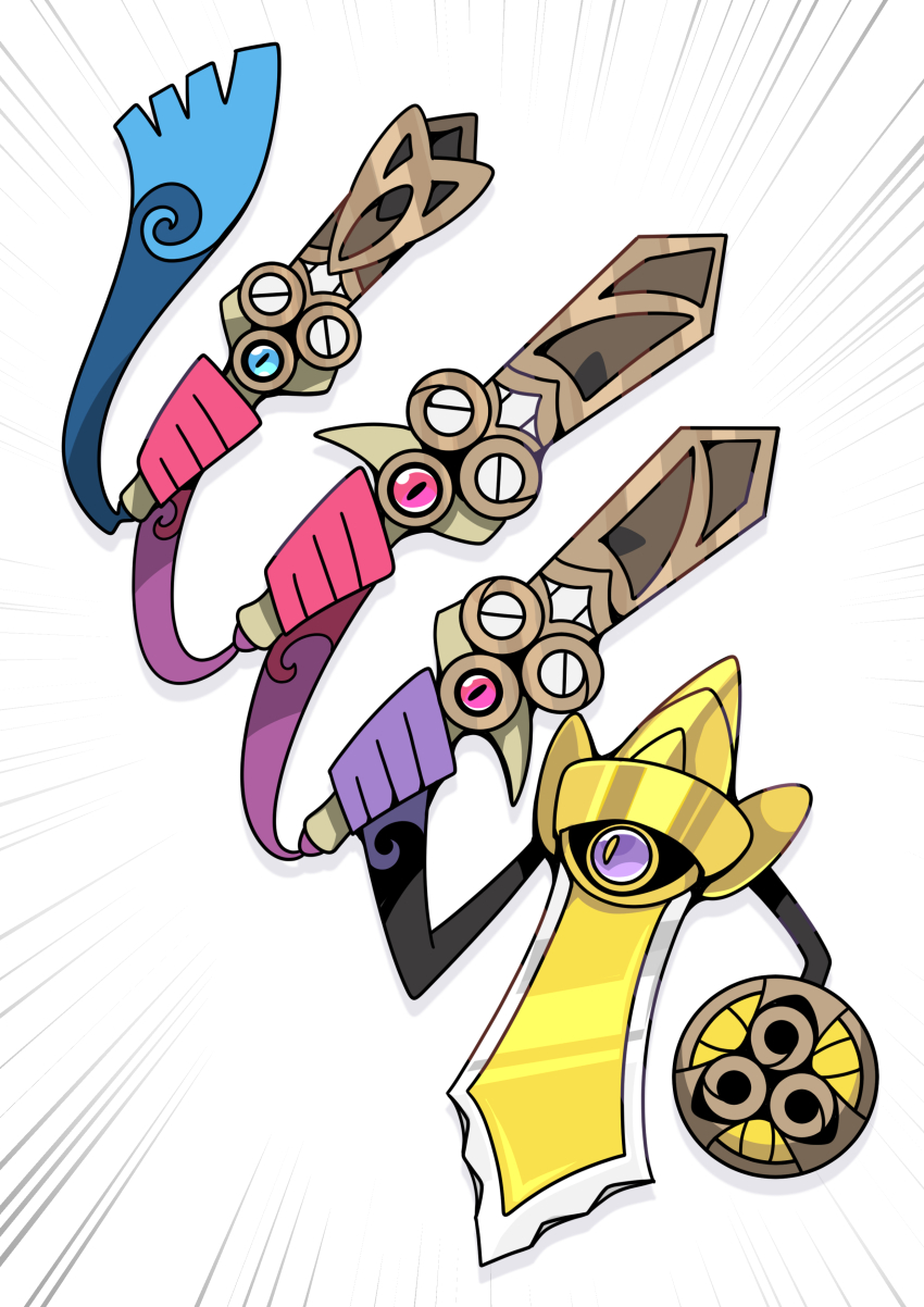 absurdres aegislash blue_eyes commentary_request doublade emphasis_lines evolutionary_line fukidashi_cotton gen_6_pokemon highres holding holding_pokemon holding_shield holding_sword holding_weapon honedge nintendo no_humans one-eyed pink_eyes pokemon pokemon_(creature) pokemon_focus purple_eyes shield simple_background sword weapon white_background