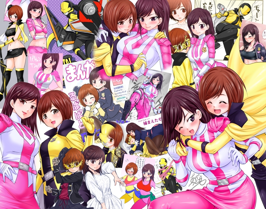 2girls abe_tsukumo bodysuit breasts brown_eyes brown_hair hayami_umika highres hug kaitou_sentai_lupinranger_vs._keisatsu_sentai_patranger looking_at_viewer lupinyellow multiple_girls myoujin_tsukasa patren_#3 smile super_sentai tokusatsu yuri