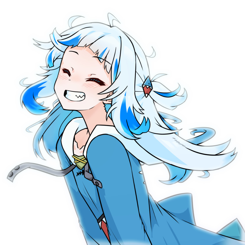 1girl blue_hair blue_hoodie blush closed_eyes closed_mouth fins fish_tail gawr_gura gawr_gura_(1st_costume) hair_ornament highres hololive hololive_english hood hoodie medium_hair moral_cacoethes multicolored_hair shark_girl shark_hair_ornament shark_tail smile solo streaked_hair tail two_side_up virtual_youtuber white_background white_hair