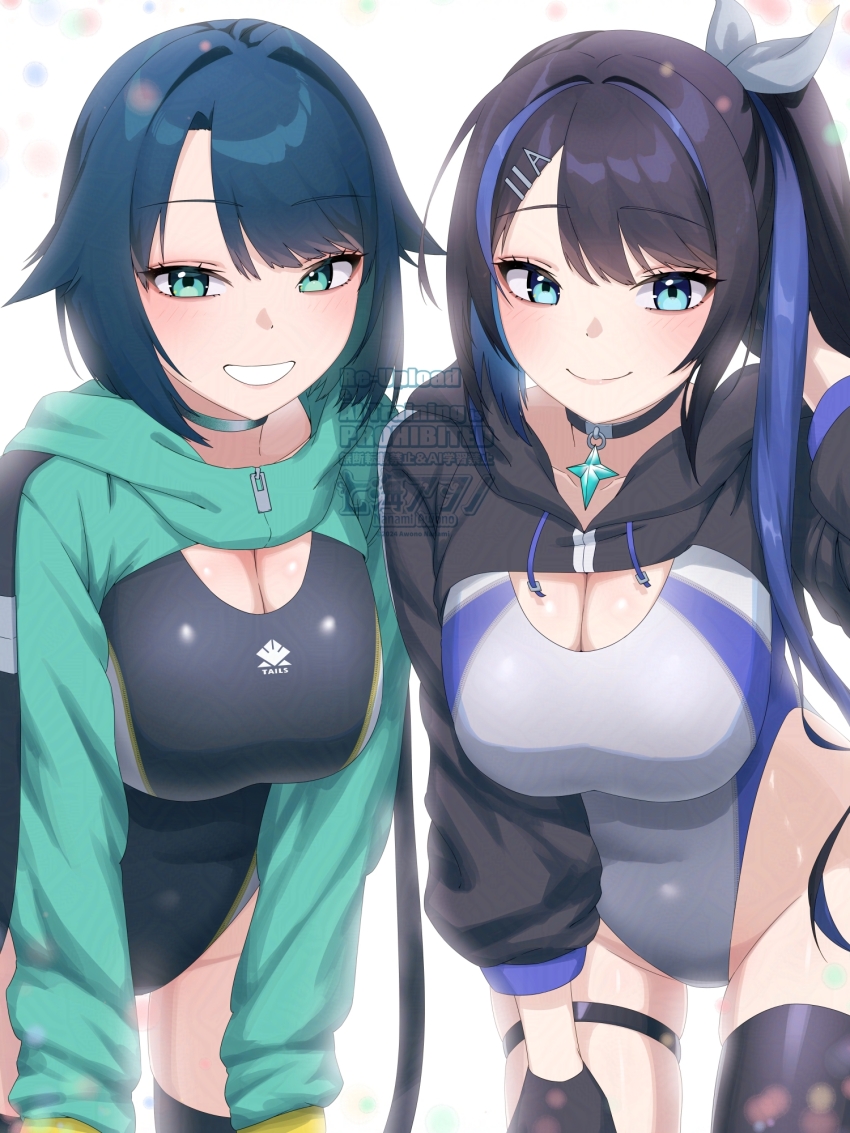 2girls alyssa_(specktech) awono_nanaumi black_hair black_hoodie black_one-piece_swimsuit black_thighhighs blue_hair breasts closed_mouth commentary_request commission competition_swimsuit cropped_hoodie fukami_nana_(awono_nanaumi) green_eyes grin hair_flaps hair_ornament hairclip highres hood hoodie large_breasts looking_at_viewer making-of_available multicolored_hair multiple_girls one-piece_swimsuit original side_ponytail single_thighhigh skeb_commission smile standing swimsuit thigh_strap thighhighs two-tone_hair watermark white_one-piece_swimsuit