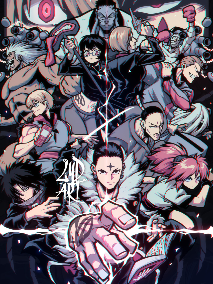 1other 3girls 6+boys aquiline_nose black_coat black_hair black_shirt blonde_hair blue_eyes bonolenov_ndongo boxing_gloves chrollo_lucilfer coat cross cross_necklace cross_tattoo denim earrings everyone facial_mark facial_tattoo feitan_portor forehead_mark forehead_tattoo franklin_bordeau fur-trimmed_coat fur_trim glasses glowing glowing_eyes gun hair_between_eyes hair_slicked_back highres hisoka_morow holding holding_gun holding_phone holding_sword holding_weapon hunter_x_hunter japanese_clothes jeans jewelry korutopi kurapika long_earlobes looking_at_viewer lydart_mclo machi_komacine midriff multiple_boys multiple_girls mummy_costume muscular muscular_male navel necklace nen_(hunter_x_hunter) nobunaga_hazama nose one_eye_covered pakunoda pants phinks_magcub phone pink_hair ponytail profile red_eyes shalnark shirt shizuku_murasaki signature sleeveless smile spider_tattoo sword tattoo teardrop_tattoo topless_male uvogin vacuum_cleaner weapon white_hair