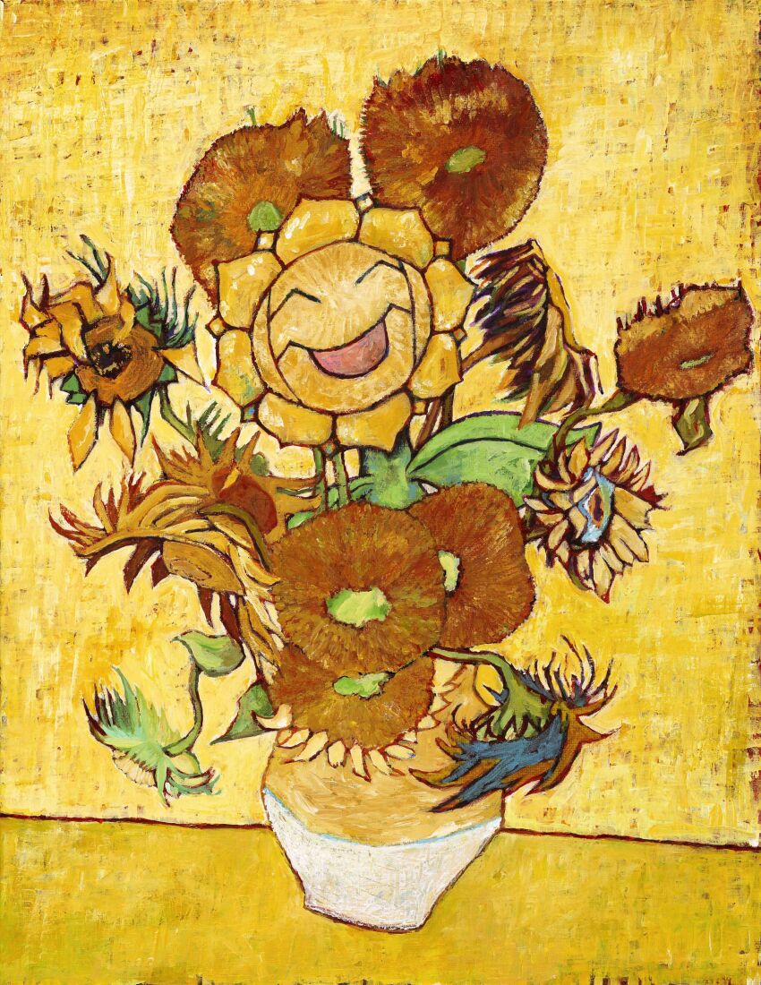 :d ^_^ absurdres closed_eyes commentary dutch_commentary english_commentary fine_art_parody flower gen_2_pokemon highres komiya_tomokazu mixed-language_commentary no_humans official_art open_mouth painting_(medium) parody plant pokemon pokemon_(creature) potted_plant smile solo sunflora sunflower sunflowers_(van_gogh) traditional_media vincent_van_gogh_(style) yellow_background yellow_theme