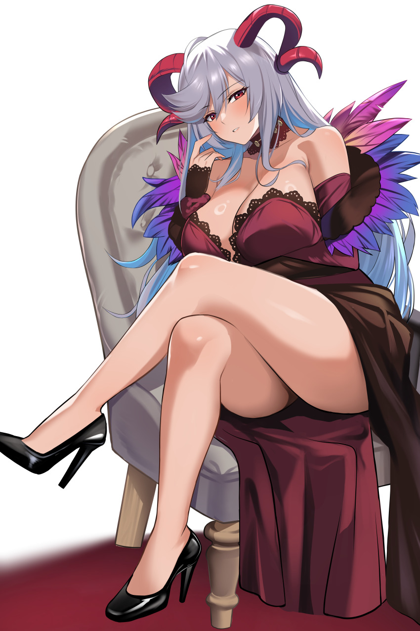 1girl absurdres alternate_costume arm_under_breasts artist_name bare_legs black_shoes breasts cleavage commentary cornelia_arnim cornelia_arnim_(cosplay) cosplay crossed_legs dress english_commentary feather_trim fire_emblem fire_emblem:_three_houses fire_emblem_heroes freyja_(fire_emblem) grey_hair high_heels highres huge_breasts lace lace-trimmed_dress lace_trim long_hair namu_(112namu) nintendo second-party_source shoes simple_background sitting solo very_long_hair white_background